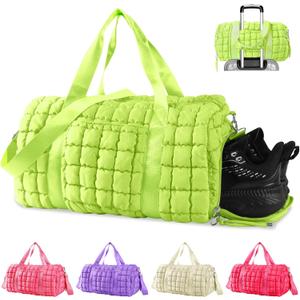 Quilted Gym Duffle for Women - Travel Bag with Shoes Compartment, Puffer Weekender Overnight Carry On with Trolley Sleeve - Personal Item Sports Dance Bag (Light Green) (Medium)