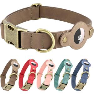 AirTag Dog Collar, Soft PU Leather Dog Collar with AirTag Holder, 1" Wide Adjustable GPS Tracking Collar for Large Dogs, Heavy Duty Pet Collar with Quick Release Metal Buckle (Brown, L)