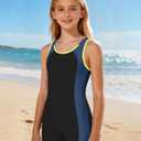 Girls One Piece Boyleg Swimsuit Color Block Athletic Bathing Suit Quick Dry Protection Crossback Swimwear for Kids