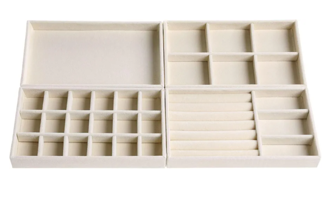 Velvet Jewelry Organizer for Drawer, Stackable Jewelry Storage Trays in Dresser, Small Drawer Inserts Display Case for Rings Stud Necklaces Accessories, Set of 4