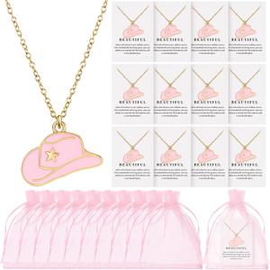Tondiamo 12 Set Cowgirl Party Favors Cowgirl Hat Necklace Western Necklace for Women Galentine Jewelry Gift Bulk with Card and Bags