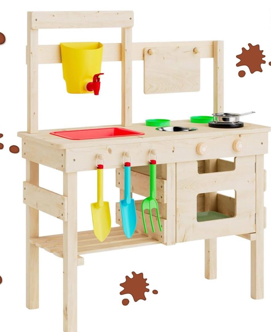 Outdoor Toy Kitchen Made of Solid Fir Wood – With Faucet, Double-Sided Table, Shelf, Sink and Hob – Garden Toys for Children From 3 Years