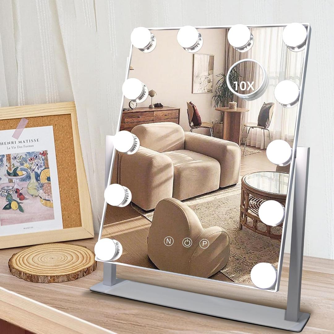 Hollywood Vanity Mirror with Lights, 12 Dimmable LED Bulbs Lighted Makeup Mirror with Detachable 10X Magnification Mirror, 1000mAh Rechargeable, 3 Color Lights, Touch Control