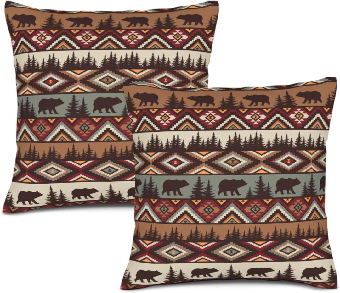 Vintage Rustic Outdoor Throw Pillow Covers Set of 2 Country Cabin Themed Decorative Pillow Cases, Farmhouse Mountain Bear Cushion Pillow Covers for Sofa Couch Living Room Decor 18x18