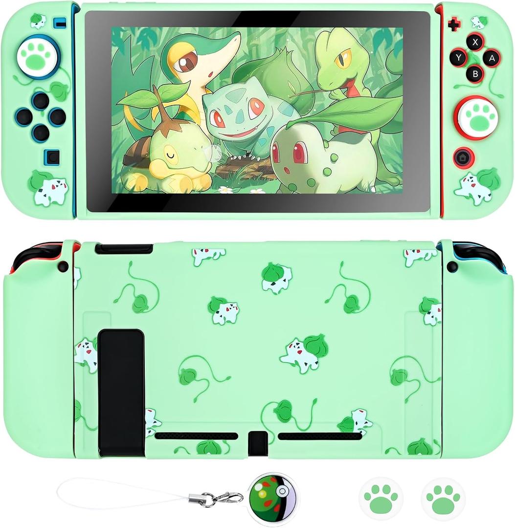 DLseego Dockable Case Design for Switch 2017, Anti-Slip Shock-Absorption Protective Soft Carrying Case and Joy Con Controller with 1 PCS Elf Ball Pendant and 2 PCS Thumb Grip caps -Black Lying Cat (Green Frogs Animal)
