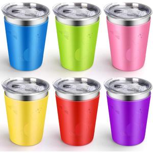 ShineMe No Spill Cup for Toddlers, 6pack Stainless Steel Kids Cups with Lids, 12oz Metal Cups for Kids, Toddlers, Preschoolers, Adults with Removable Vibrant Color Sleeves for Cold/Hot Drinks
