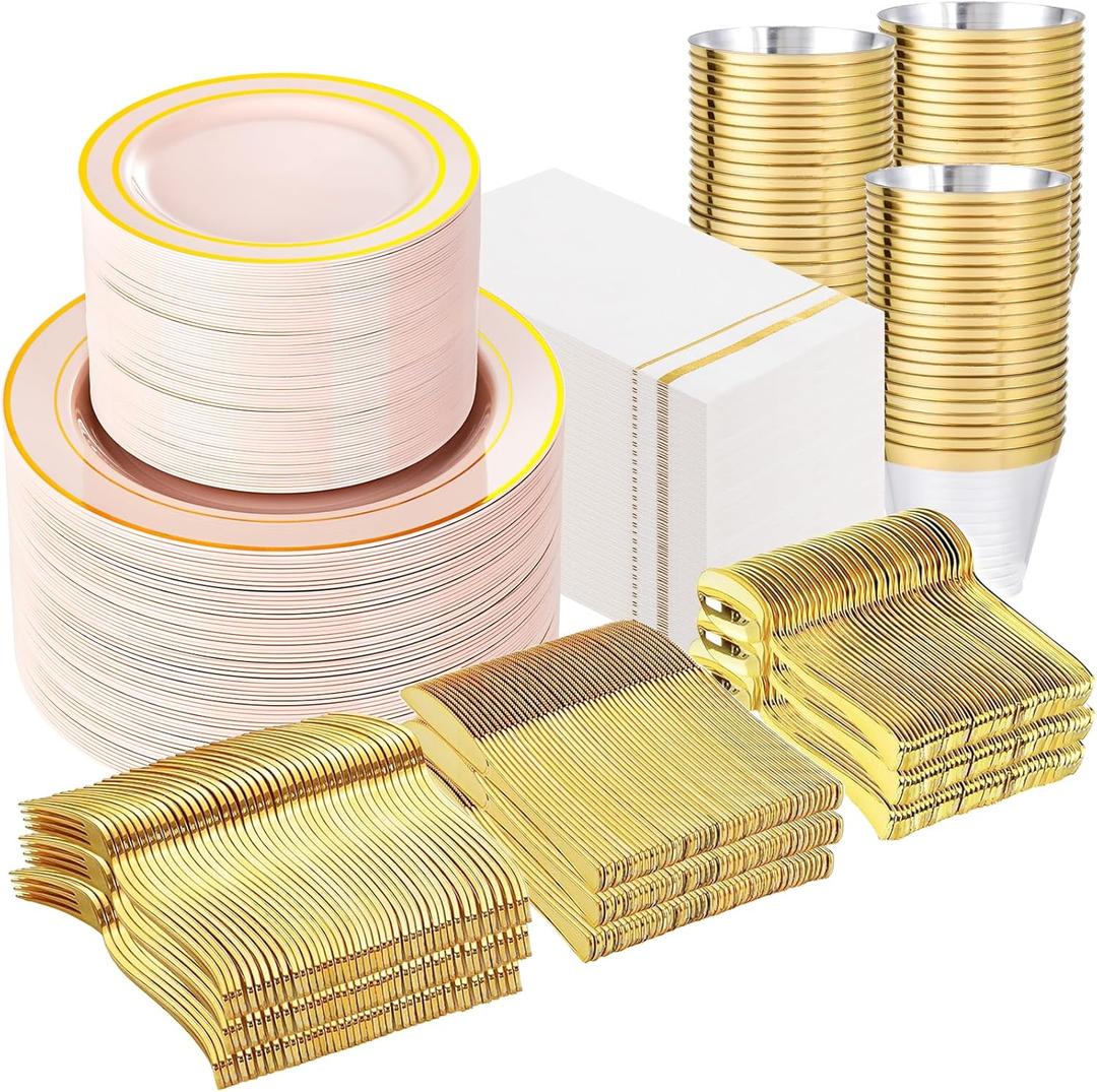 GATHER 700PCS Pink Plastic Plates - Gold Rim Disposable Plastic Dinnerware Set Include 200 Pink Plates, 300 Silverware, 100 Napkins, 100 Cups for Party & Wedding