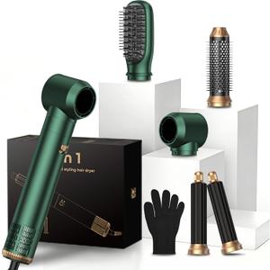 Blow Dryer Brush Set 5 in 1, Low Heat Hair Care Hot Air Styler Negative Ion Air Curling Wrap Air Curler, Round Brush Blow Dryer Curling Iron Hair Styling Tools Gift for Dry,Volumize,Straight,Curl (Green)