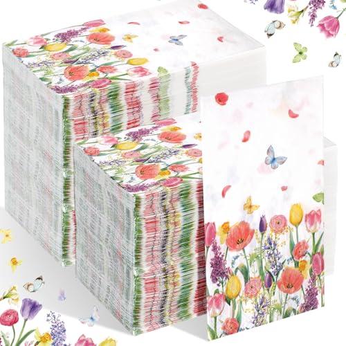 Yeaqee 200 Pcs Spring Floral Disposable Napkins Paper Guest Towels with Tulip & Butterfly Design Absorbent Decorative Hand Towels for Bathroom Tea Party Wedding Graduation Supplies(Floral)