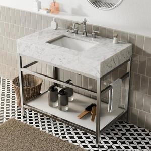 Gesipor Bathroom Carrara Marble Vanity with Sink 36" x 21" Freestanding Console Utility Sink with Tempered Glass Shelf for Washing Room Laundry Room (Silver Legs)
