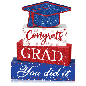 Cinnvoice 4 Pcs Graduation Table Decor 2026 Congrats Grad Centerpiece Class of 2026 Wood Sign Graduation Tiered Tray Decor Farmhouse Congratulate Gifts for Home Shelf Party Decorations(Red Blue)