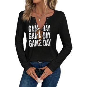Game Day Outfits Shirts Women V Neck Football Graphic Tee Tops Funny Football Game Day Shirts for Teen Girls (Small, Black 4)