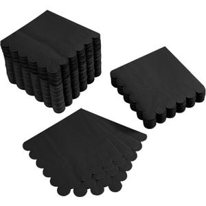 200 Pack Cocktail Napkin 2-Ply Scalloped Edged Dessert Napkins Folded 5 x 5 Inches Disposable Napkins for Dinner Wedding Birthday Party Bridal Anniversary Reception Event (Black)