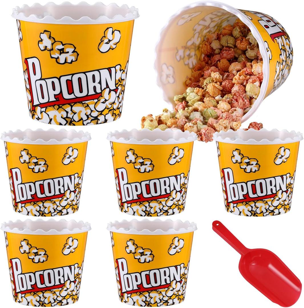Roshtia 6 Pieces Plastic Popcorn Containers Reusable Buckets 75 oz Popcorn Boxes Bowl with Scoop Retro Style Red Plastic Scoop Set for Movie Theater Night(Classic)