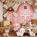 Leinuosen Large Farm Animal Backdrop Party Decorations Pink Barn and Windmill Photo Backgrounds with Farm Animal Stand-ups, Straw Boxes for Girls Boys Birthday Photography Baby Shower Party Decor