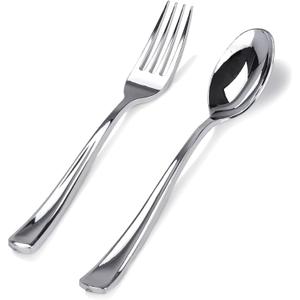 BUCLA 200 Pieces Silver Plastic Silverware - Heavy Duty Disposable Cutlery set - 100 Silver Plastic Forks, 100 Disposable Spoons for Catering, Parties, Dinners, Weddings and Christmas