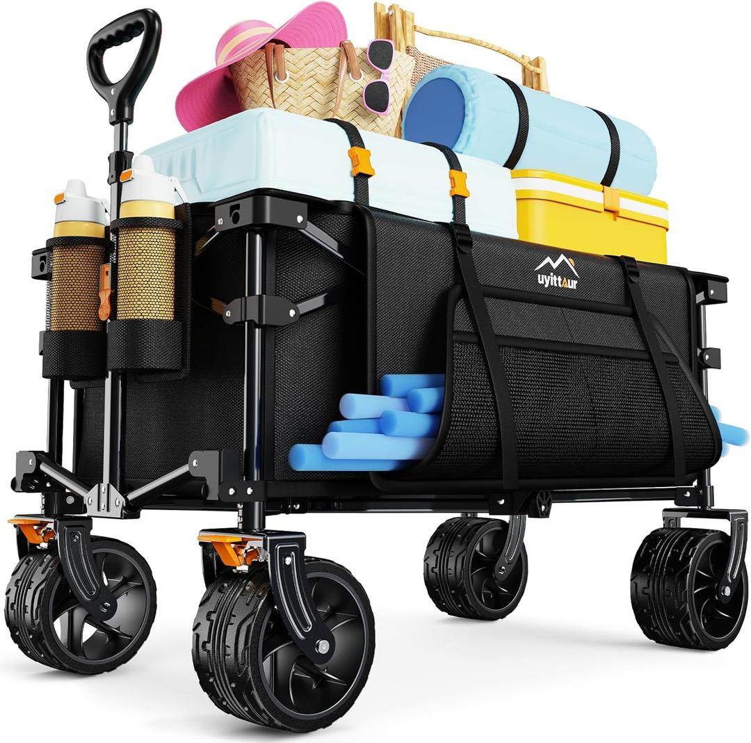 Collapsible Wagon Cart Heavy Duty Foldable, Folding Beach Wagon with Big Wheels for Sand, Utility Grocery Cart with Side Pocket and Brakes for Camping Sports Outdoor Activities, Black, 32.7"D x 18.1"W x 20.9"H