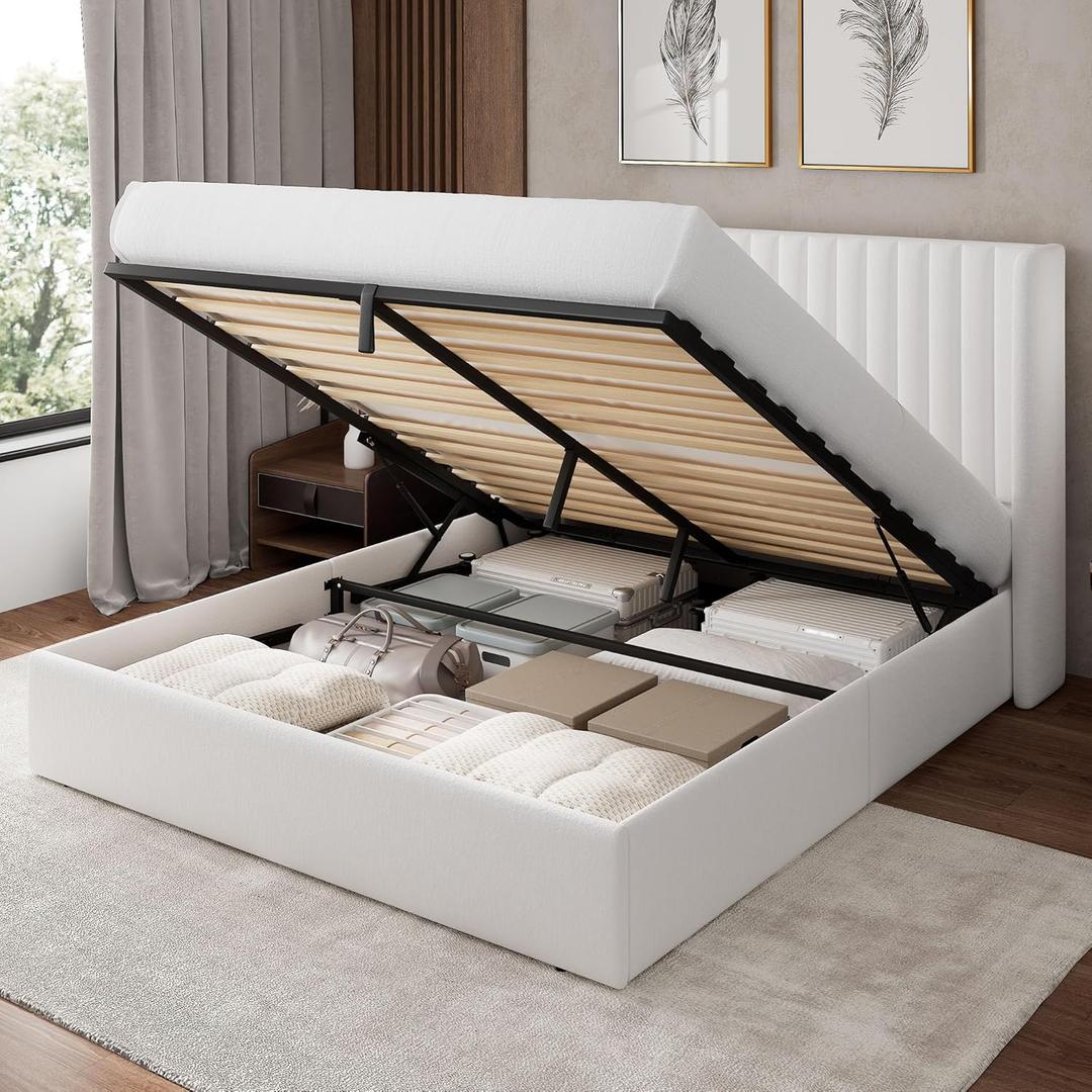 Feonase Queen Size Lift Up Storage Bed Frame, Velvet Upholstered Platform Bed Frame with Wingback Headboard, Hydraulic Storage, No Box Spring Needed, White