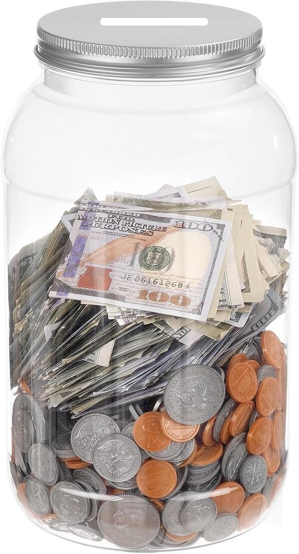 Yamahiko Large Clear Coin Bank Jar with Slotted Lid, One Gallon Plastic Money Tip Change Savings Coin Jar for Coin or Raffle Ticket, Big Money Coin Tip Piggy Change Bank Box for Adults Teens, Silver