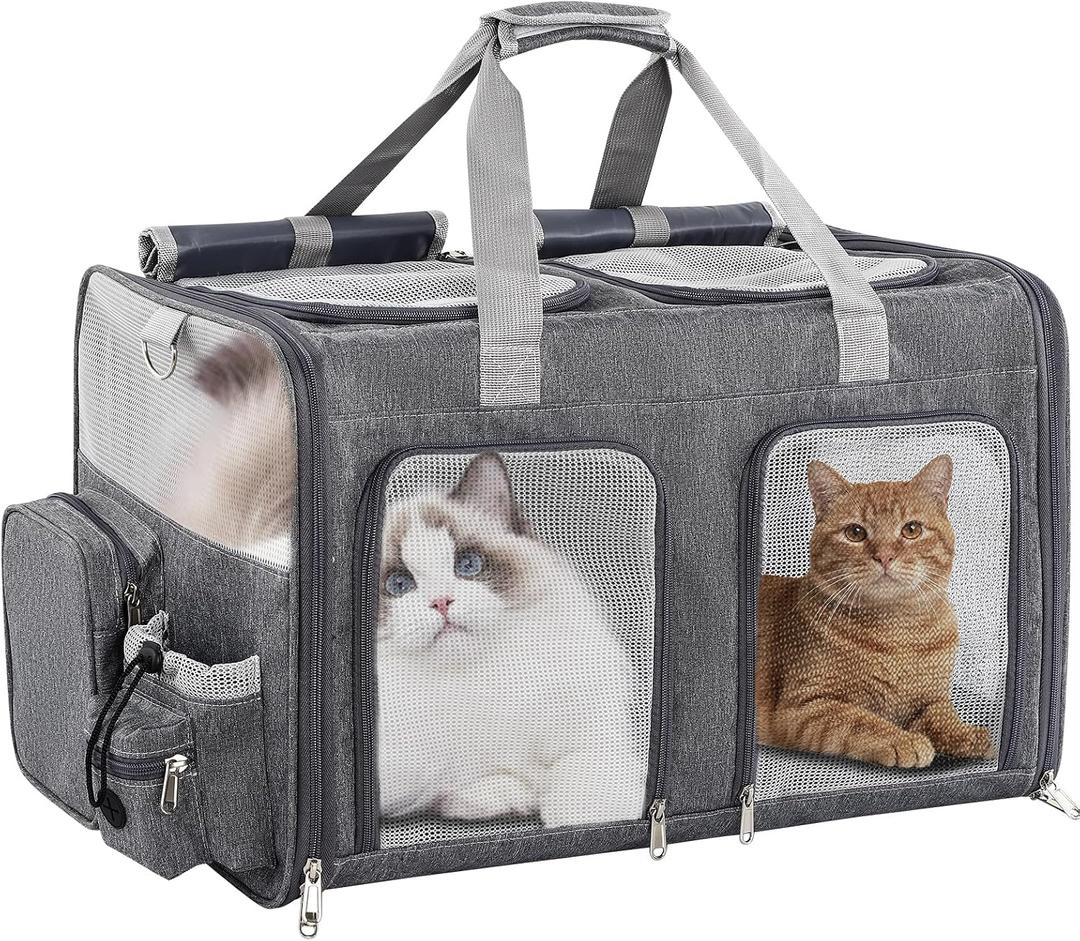 Cat Carrier for 2 Cats - Double Pet Carrier Extra Large, Dual Cabin Multi Cat Travel Carrier with Removable Divider, Collapsible, Can Hold 20 30 40 lbs for Two Small Kitten, a Medium Dog Gray