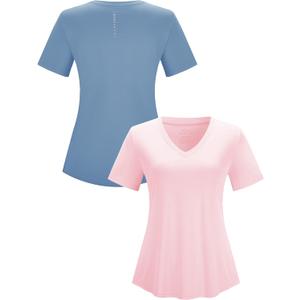 Kistore Workout Tops for Women Breathable V Neck Yoga T Shirts Trending Beach Casual Loose Fit Tee Running (Blue, L)