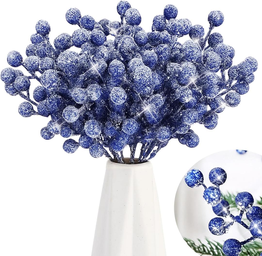 Geosar 30 Pieces Artificial Christmas Berry Picks with Snowflake Glitter Artificial Holly Berry Stems for Christmas Tree Ornaments Vases DIY Crafts Home Wedding Party Holiday Decor(Blue)