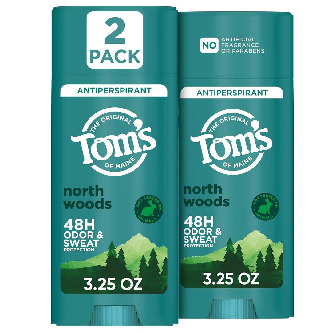 Toms of Maine North Woods Antiperspirant for Men and Women, No Artificial Fragrances, Dyes, or Preservatives, Baking Soda Free, 48-Hour Odor and Sweat Protection, 3.25 oz (2 Pack)