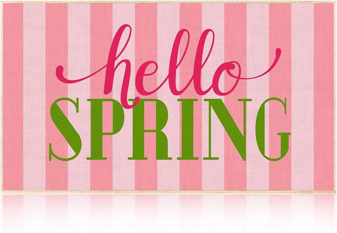Tioncy Hello Spring Door Mat for Front Door 30''x 17'' Pink Non Slip Decorative Floor Mats for Spring Holiday Home Indoor Outdoor Entrance Garden Patio Porch Decor