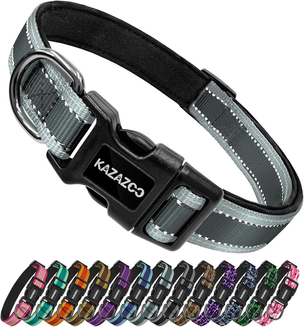 2 x Kazazoo Reflective Dog Collar with Soft Padding Dog Collar for Medium & Small Dogs, No Pull, Heavy Duty, Adjustable Nylon Collar with Quick-Release Buckle, Walking Training-Grey-S