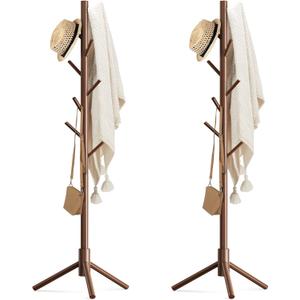 Haddockway Wooden Coat Rack Stand with 8 Hooks New Zealand Pine 3 Adjustable Coat Standing Tree Easy Assembly for Coats, Hats, Scarves and Handbags for Entryway, Hallway, Bedroom, Office,2 PCS (Brown)