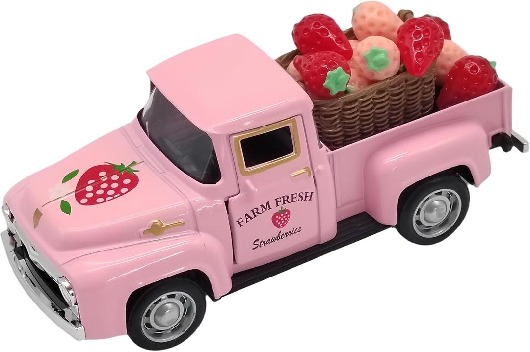 4.9 Mini Vintage Strawberry Pink Metal Farm Truck Decor with Fake Strawberries, Home Kitchen Centerpieces for Tables Farmhouse Pickup Tiered Tray Stand Decorations, Spring & Christmas Desk Display