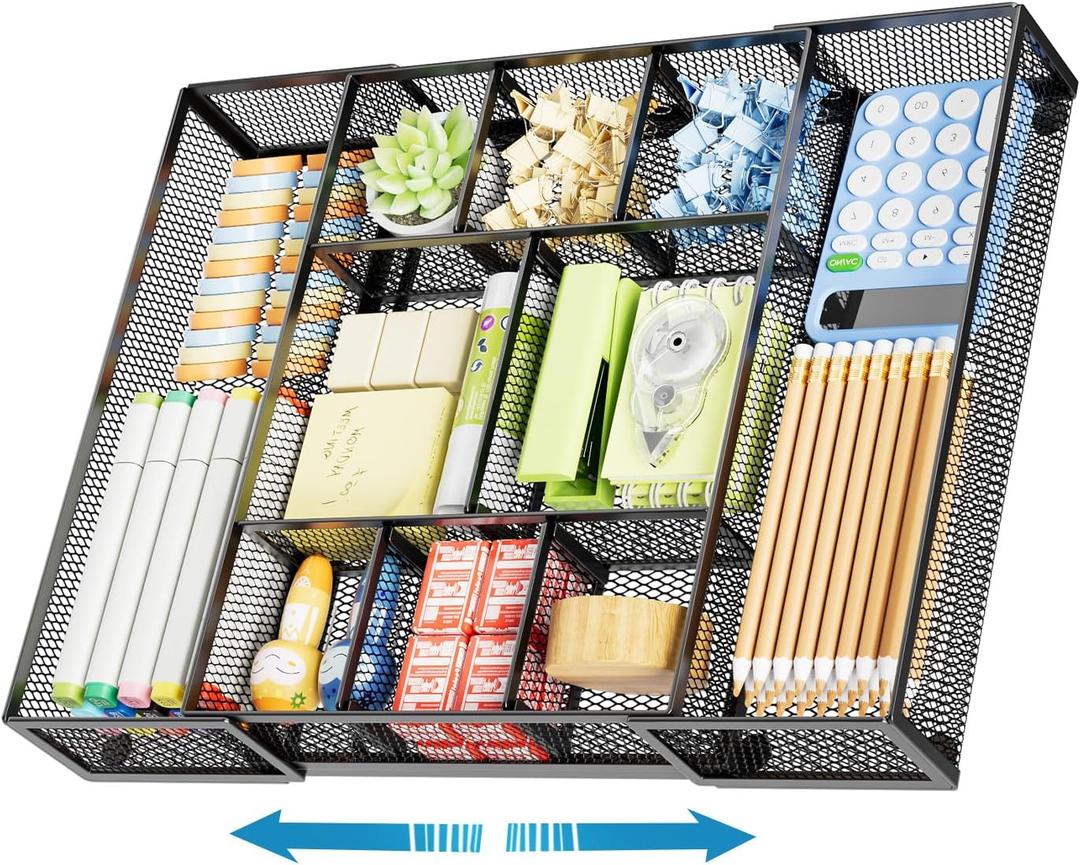 Marbrasse Expandable Desk Drawer Organizer, Mesh Drawer Organizer Tray with 10 Adjustable Compartments, Desk Organizers and Accessories, 5 Dividers Drawer for Office Supplies, Makeup & Vanity (Black) (Expandable-Black)