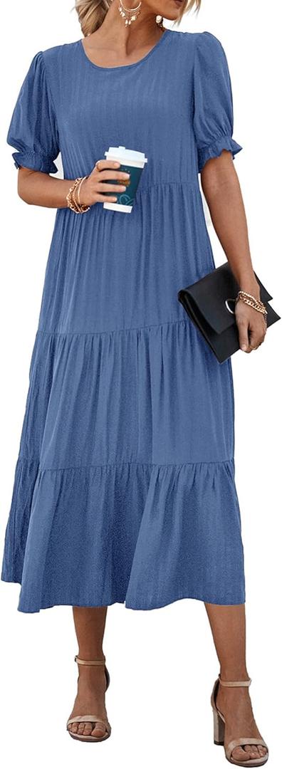 PRETTYGARDEN Summer Dresses for Women 2025 Casual Floral Boho Midi Sun Dress Puff Short Sleeve Flowy Beach Vacation Sundress (Solid Blue, Medium)
