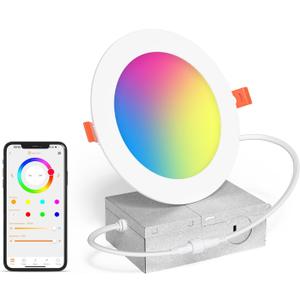 Smart Recessed Lighting 6 Inch RGBCW Color Changing 16W LED Downlight with Junction Box,1350 Lumen Recessed Ceiling Light Compatible with Alexa,Dimmable by Bluetooth Control -1Pack