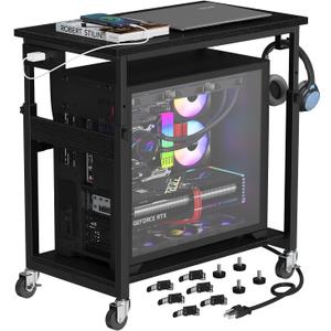 Snughome Oversized Computer Tower Stand with Extended Top & Charging Station, 25.2''-36.2'' Height-Adjustable PC Tower Stand, Rolling CPU Cart with Lockable Wheels for Office Home Gaming, 27.56" L x 15.75" W x 36.22"