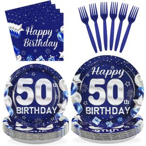 96Pcs 50th Birthday Party Decorations Happy Fathers Day Paper Plates and Napkins Disposable Blue Silver 50 Years Old Tableware Set for Men Women 50th Birthday Anniversary Party Supplies Serves 24