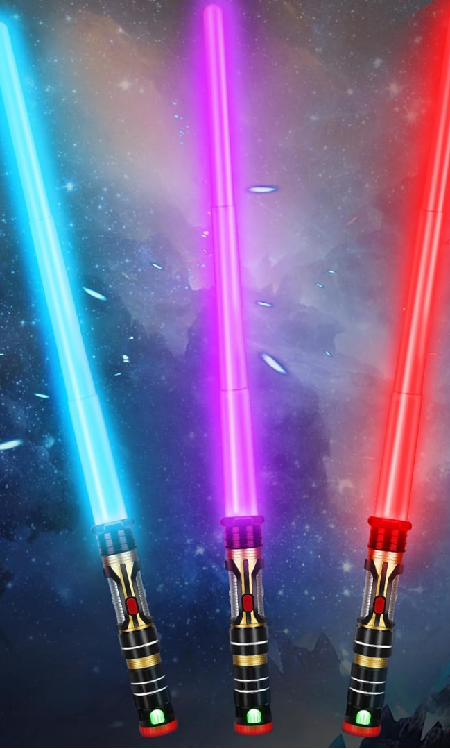 3 Pack Light up Sword Saber with FX Sound (on-Off Control) and Full Retractable Handle, 3 Colors LED Glow in The Dark Toy for Kids Adult