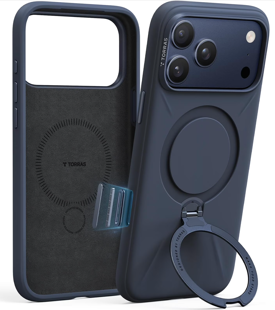 TORRAS Q3 Silicone 360 Spin for iPhone 17 Pro Case with Stand, Fit for MagSafe, Magnetic Ring Kickstand with Camera Control, Liquid Silicone Rubber Soft Phone Case for iPhone 17 Pro 6.3'', Deep Blue