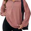 Dokotoo Womens Sweatshirt Waffle Knit Long Sleeve Lapel Half Zip Up Casual Lightweight Soft Sweatshirts Loose Pullover Tops (Pink, XL)