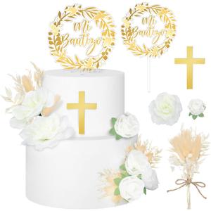 9 Pcs Mi Bautizo Cake Topper Gold Cross and Dried Flower Decor Set First Holy Communion Baptism Cake Pick Religious God Bless Baptism Cake Decoration for Celebration Milestones Decor