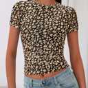 2 x BTFBM Womens Sheer Mesh Summer Tops 2025 Crewneck Short Sleeve Print Ruched Crop Top Slim Fit Club Going Out T Shirts (L)