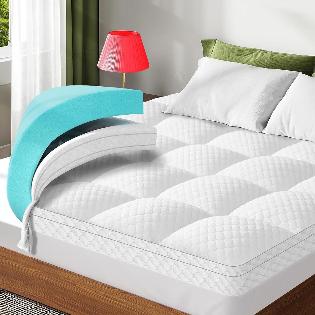 Dual Layer 3 Inch Memory Foam Mattress Topper Full Size, 2 Inch Cooling Gel Memory Foam Plus 1 Inch Down Alternative PillowTop Mattress Pad Cover with 8-21 Inch Deep Pocket