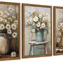 DUWQU 3 Piece Framed Elegant Farmhouse Canvas Wall Art, Vintage Floral Pictures Wall Decor, Nature Themed Daisy Art Prints for Living Room Bedroom Kitchen and Office Ready to Hang 1624 Inches