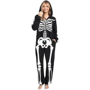 Spooktacular Creations Halloween Skeleton Jumpsuit Adult Skeleton Costume Hooded Jumpsuit Cosplay Costume Sleepwear Homewear Large