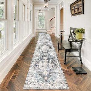 RUUGME 2'6x12 Washable Runner Rug - Hallway Runner Rugs Non Slip Stain Resistant Rug Runner for Kitchen Laundry Room Vintage Distressed Mat Floor Decor Carpet for Bathroom (2'6''x12', Deep Blue)