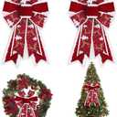 Threetols 2PCS Christmas Wreath Bows, Red Velvet Rustic Farmhouse for Front Door Winter Decorations, Glitter Deer Tree Bow for New Year Indoor Outdoor Xmas
