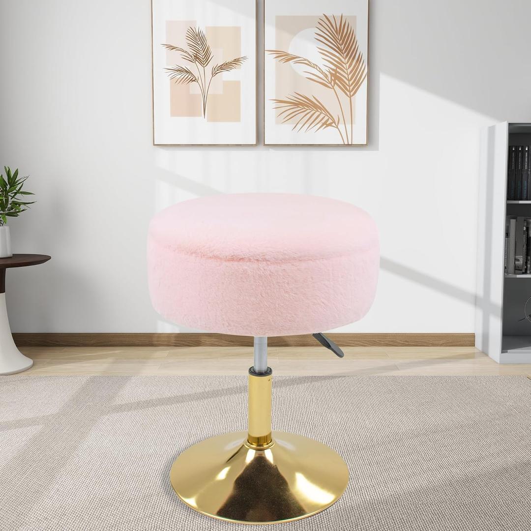 Swivel Vanity Stool for Makeup Room, Faux Fur Vanity Chair Height Adjustable Round Storage Ottoman, Large Size Footrest for Living Room Bedroom, Pink