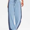 LOMON Pants for Women Wide Leg Side Striped Pants Drawstring Baggy Palazzo Work Trousers with Pockets (Blue, S)