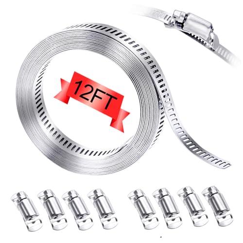 Maierke 304 Stainless Steel Hose Clamp Assortment Kit,DIY 12FT Metal Strap + 8 Stronger Fasteners,Adjustable Large Worm Gear Hose Clamps Screw Clamps for Pipe,Duct,Tube,and Fuel Line