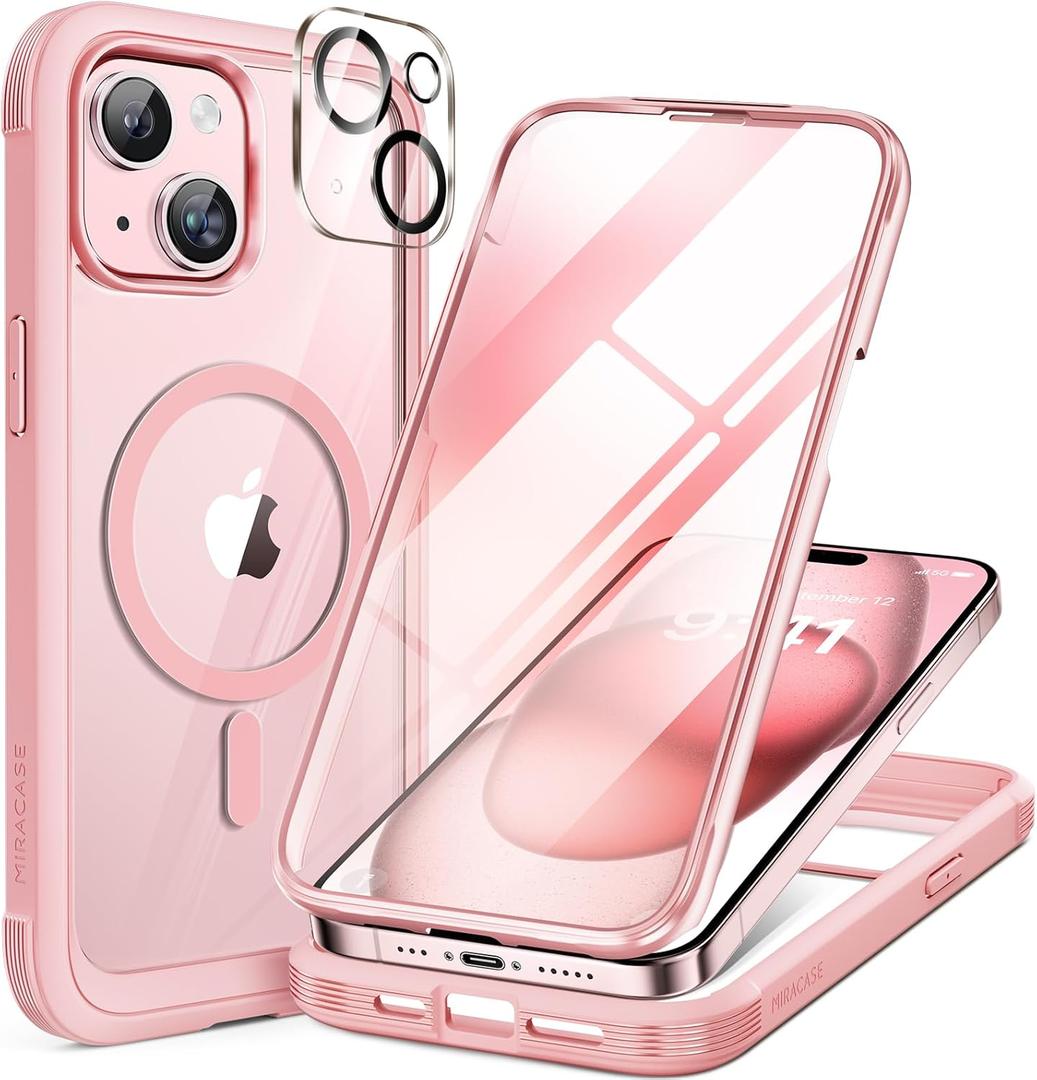 Miracase Magnetic for iPhone 15 Plus Case 6.7'' [Compatible with Magsafe] Full-Body Military Drop Proof 15 Plus Phone Case Cover with Built-in 9H Tempered Glass Screen Protector, Magnetic Pink